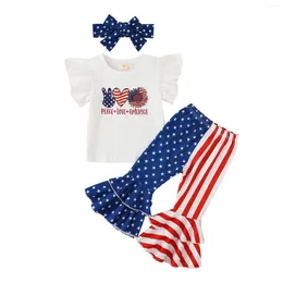 Kläderuppsättningar 2024 Independence Day Kid Baby Girl Klädbokstjärna Stjärna tryck T-shirt Flare Pants Summer Children Outfits