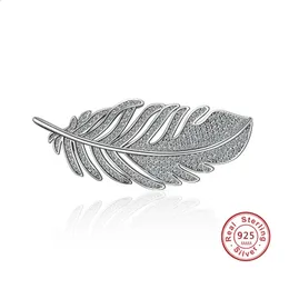 Fashion Leaf Feather 925 Sterling Silver Brooches for Women Corsages with Shining Crystal Brosch Big Scarf Clothes Accessories 240418
