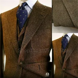 3 قطع رجال الدعاوى Tweed Herringbone Slim Fit Business CauaSl Weistcoat Jacket Groomsmen Suitsblazervestpants 240430