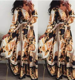 Женщины Boho Wrap Summer Lond Платье от отдыха Maxi Lose Sundress Print V-образный вырез с длинным рукавом элегант платья коктейль-вечеринка1778877