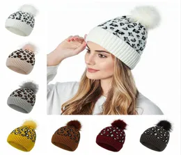 Леопардовая вязаная шляпа Pom Pom Pom Murs Ball Beanies Женщины зима тепло