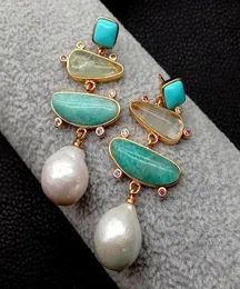 Yygem Natural Geometric Turquoise Ite Prehnite White Pearl Stud Earrings Gold Fill Office Style for Women8800794