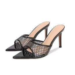 2024 new Ladies sheepskin leather sandals 8.5CM stiletto high heel peet toe pillage slipper grid SHOES party rivets wedding American Europe diamond cutout size 34-42