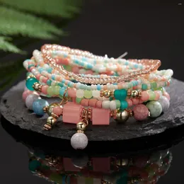 Charm Bracelets Bohemian Multi-layer Rice Beaded Bracelet Set For Women Geometric Elastic Colorful Crystal Natural Stone Jewelry Gift