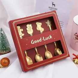 4pcs Goldsilver Christmas Coffee Spoons com caixa de presente Aço inoxidável Gingerbread Man Cutlery Spoon Xmas 240422