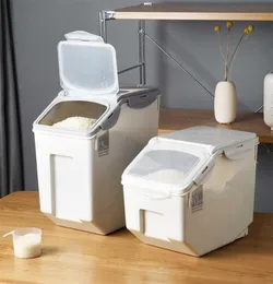 Caixa de armazenamento de arroz de 10 kg com vedação de bloqueio de tampa de tampa de recipiente de grão selado Organizador portátil para utensílios de cozinha 2111109328988