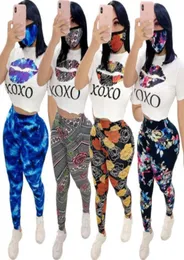 Women Tracksuits Two Pieces Set Designer 2021 New Slim Fashion Pattern Printed Short Sleeve Round Neck Top Trousers with Mask Spor6246200