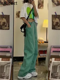 女子ジーンズIrabeezt Green Drawstringストレート女性2024ファッションカジュアルルーズワイドレッグパンツビンテージ美学のズボントレンド