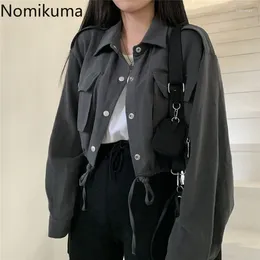 Women's Jackets Nomikuma Korean Drawstring Short Women Coat Long Sleeve Single Breasted Turn Down Collar Jacket 2024 Autumn Outwear 6B671