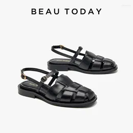 Sandals BEAUTODAY Platform Gladiator Women Genuine Cow Leather Solid Buckle Metal Decoration Summer Ladies Flats Handmade 32406