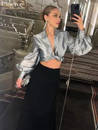 Women's Blouses Clacive Sexy Gray Satin Shirt 2024 Fashion Lapel Lantern Sleeve Shirts Elegant Classic Lace-Up Crop Top Female Clothing