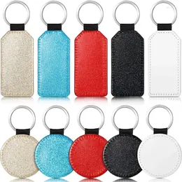 Nyckelringar 10 Pack 5 färger sublimering av ämnen Keychain Glitter PU Läderflaska och rund DIY -värmeöverföringstangentning