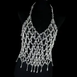 Sexy Tassel Rhinestone Chic Womens Lingerie Body Chain Top Water Drop Fishnet Crystal Shiny Chest Bra Bikini Sling Vest Jewelry 240423