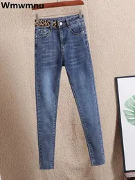 Hög midja penna jean kvinnor leopard tryck avslappnad mager denim byxor koreanska streetwear vintage vaqueros stretch kot pantolon 240423