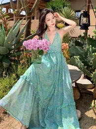 Lässige Kleider Maxi Bohemian Frau Sommer grüner Riemchen -Sundress Frauen Mode Long Beach Chic gedruckt Boho Kleid 2024