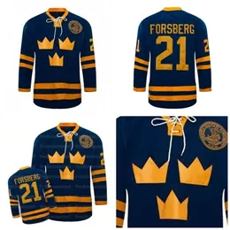 Kob＃21 Peter Forsberg Jersey Team Sweden Ice Hockey Jerseys Embroidered 100％Stithed Blueカスタムあなたの名前番号