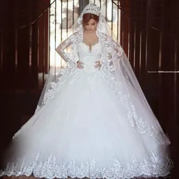 A Line Luxury Princess Wedding Dresses 2024 Lace Appliques Long Sleeves White Ivory Tulle Bridal Gowns Back Lace-Up Gorgeous Arabic Dubai Bride Dress