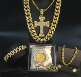 Men039S Golden Watch Hip Hop Men Necklace Watch Necklace Armband Ring Combo Set Iced Outed Cuban Golden Jewelry Set8436149