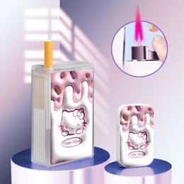 Tecknad 3D kuromi kitty cigarettfodral och lättare set butan utan gas vindtät rosa flamma lättare