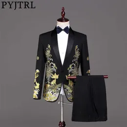 PYJTRL Men Fashion Gold Embroidery Suits White Black Red Prom Dress Stage Singers Costume Wedding Groom Tuxedo Jacket With Pants X0909 268r