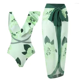 Menas de banho feminina 2024 Tunha de banho de duas peças para mulheres lotus folhas estampas de banho de biquíni terno de trap strap praia com chiffon saia longa