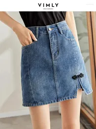 Skirts Vimly Summer Short Denim Skirt For Women Girls 2024 Vintage Casual Grey Blue A Line High Waist Slim Mini Jeans With Slit