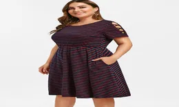 Wipalo plus size مخططة لباس خط فستان Criss Sleeve مرنة الخصر فستان الصيف فستان العمل غير الرسمي النساء اللباس Vestidos y2001204389623