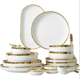 Trino dorato opaco in porcellana bianca Piatti da cucina da cucina in porcellana piatti da cucina in ceramica piatti di cibo insalata di riso ciotola