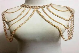 Chran Fashion Women Sexy Gold Body Necklaceチェーンチャームマルチレイヤーフェイクパール肩奴隷ベリーベルトハーネスジュエリー1142980