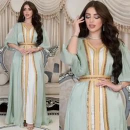 Etnik Giyim Parlak Saten Abayas Lüks Pırlanta Müslüman Kadınlar 2 Parça Set Kimono İç Yelek Elbiseleri Fas Partisi Akşam Jalabiya Dubai