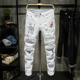 Fashion Trendy Embroidery letters Men College Boys Skinny Runway Zipper Denim Pants Destroyed Ripped Jeans Black White Jeans 240424