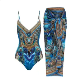 Fashion Vintage Art Blue Print Binding Design Split Swimsuit Bikini And Covering Summer Backless Swimwear Smock 240423