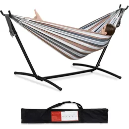 Hammock duplo com suporte de aço para economizar espaço incluiu 2 pessoas de serviço pesado fora do jardim de jardim ao ar livre 450lb Capacidade 240430