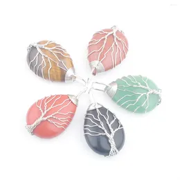 Pendant Necklaces 5Pcs Natural Gem Stone Teardrop Tree Of Life Pendants Silvers Wire Wrap Weave Charms Reiki Jewelry Fashion Good Quality