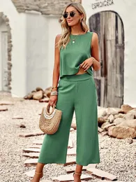 Kvinnors byxor 2024 Summer Linen Pant Set Women Elegant Fashion Sleeveless Top and Wide Leg Suit Two Piece Set for Matching Outfits