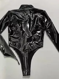 Shiny artificial PU leather zipper open crotch tight fitting clothes with wet appearance PVC tight fitting jumpsuit 240430