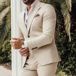Mens Fashion Beige Slim Business Suit Groom Tuxedo Wedding Senaste design Tvådeljacka med byxor 240430