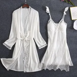 White lace bride bridesmaid wedding dress set womens summer pajamas and kimono bathroom dress loose fitting casual pajamas sexy home dress 240425