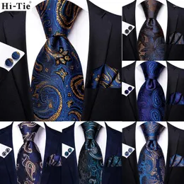 Bow Binds Hi-Tie Paisley Navy Blue Blue Seiden Hochzeit Krawatte für Männer Hanky Manschettenknöpfe Herren Krawatte Set Business Party Design Tropfen Tropfen Drop