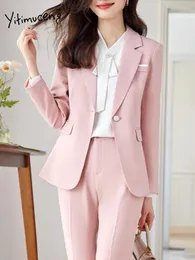 Frauen zwei Stück Hosen Yitimuceng Anzüge für Frauen klassischer Anzug Kragen Tasche Single Button Solid Fashion Formal Blazer High Tailleed Slim