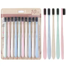 2024 10 PCs Wheat Straw Toothbrush Adult Soft Bamboo Charcoal Binchoutan Unisex Household Family Pack Toothbrush Vegan