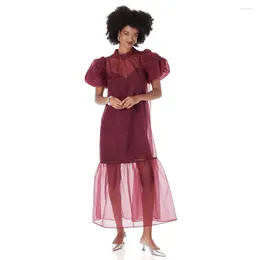 Sukienki imprezowe Skromne burgundowe patrz przez organza kobiety Maxi High Collar krótkie puszysty rękawy 2 sztuki sukienki żeńskie sukienki