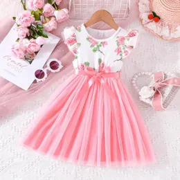 Vestidos de menina 2024 Chegada de verão Girls sem mangas o pescoço babados floral rosa designer fofo Party Princess Dress Custume 4-7t