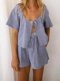 Kvinnors spårskidor Kvinnor Summer PJS Set Plaid Print Tie Front T-shirt Elastic Shorts för 2-delad loungekläder Y2K Casual Loose Aesthetic