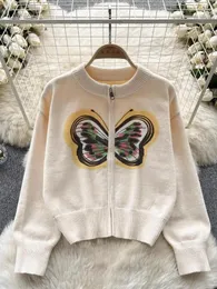 Kobiety Jumn jesień zimowy zielony nadruk motyla z zapinana na zamek sweter SWEATER KOBIET DŁUGO SŁUŻone BEIGE BEIGE KRÓTKI KRÓTKI TOPS Koreańska moda