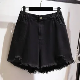 150kgプラスサイズの女性夏薄いハイウェイストストレートデニムショーツ5xl 6xl 7xl 8xl 9xl緩んだRipp Ript Riw Edge Wideleg 240420