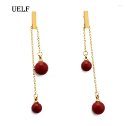 أقراط التدوير Uelf Fashion Red H Ball Drop for Women Korea Personal Round Long Tassel Detive Hight