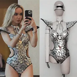 Ayna Bodysuit Gözlüklü Kadınlar Dans Kostümü Altın Gümüş Sequins Omuz Leotard Hollow Out Rave Kıyafet Şarkıcı Dansçı Takım Performans Sahne Giyim