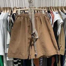 Women's Shorts Solid Casual Linen Cotton Vintage Elastic High Waist Wide Leg Button Loose Korean Fashion Khaki Pant A47