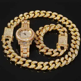 Hip Hop Rose Gold Chain Cuba Link Bracelet Colar Iced Out Quartz Watch Woman and Men Jewelry Set Gift 272M